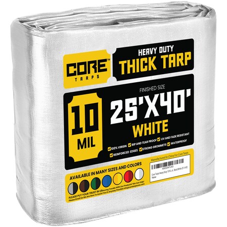 Heavy Duty Tarp, 40 ft L x 0.5 mm H x 25 ft W, 10 Mil, White, Polyethylene